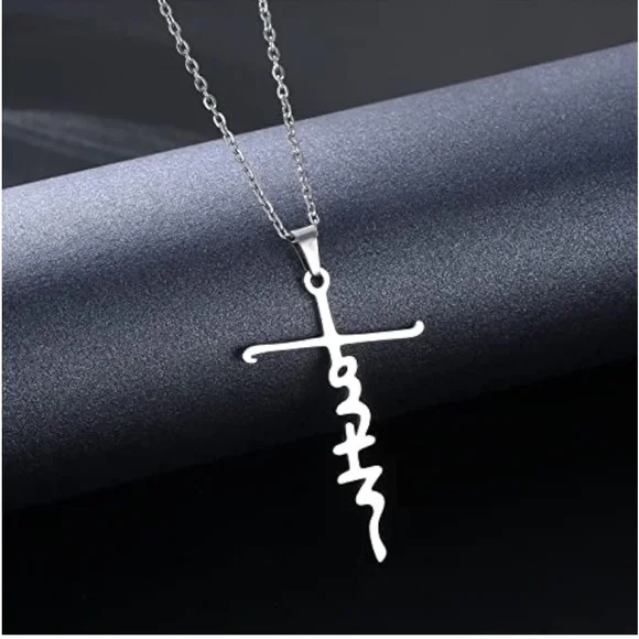 New Stainless Steel Cursive Faith Cross Religious Silver Minimalist Necklace - Picture 5 of 13